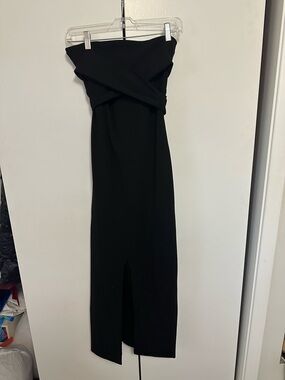 Lulu's Strapless Black Cross Over Midi/Maxi Dress with Front Slit & Bow Back